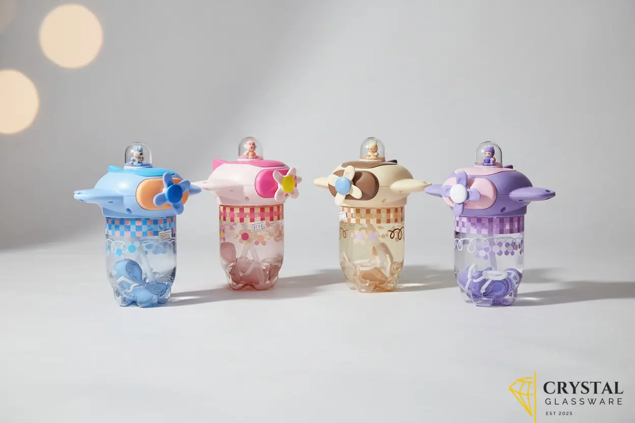 Cartoon airplane whirlwind kids water bottles featuring a clear plastic body straw and a spinning propeller toy on the airplane-shaped lid — Crystal Glassware Pakistan